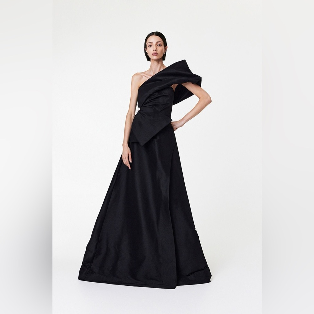 Rachel Gilbert Black One-Shoulder Maxi Gown
